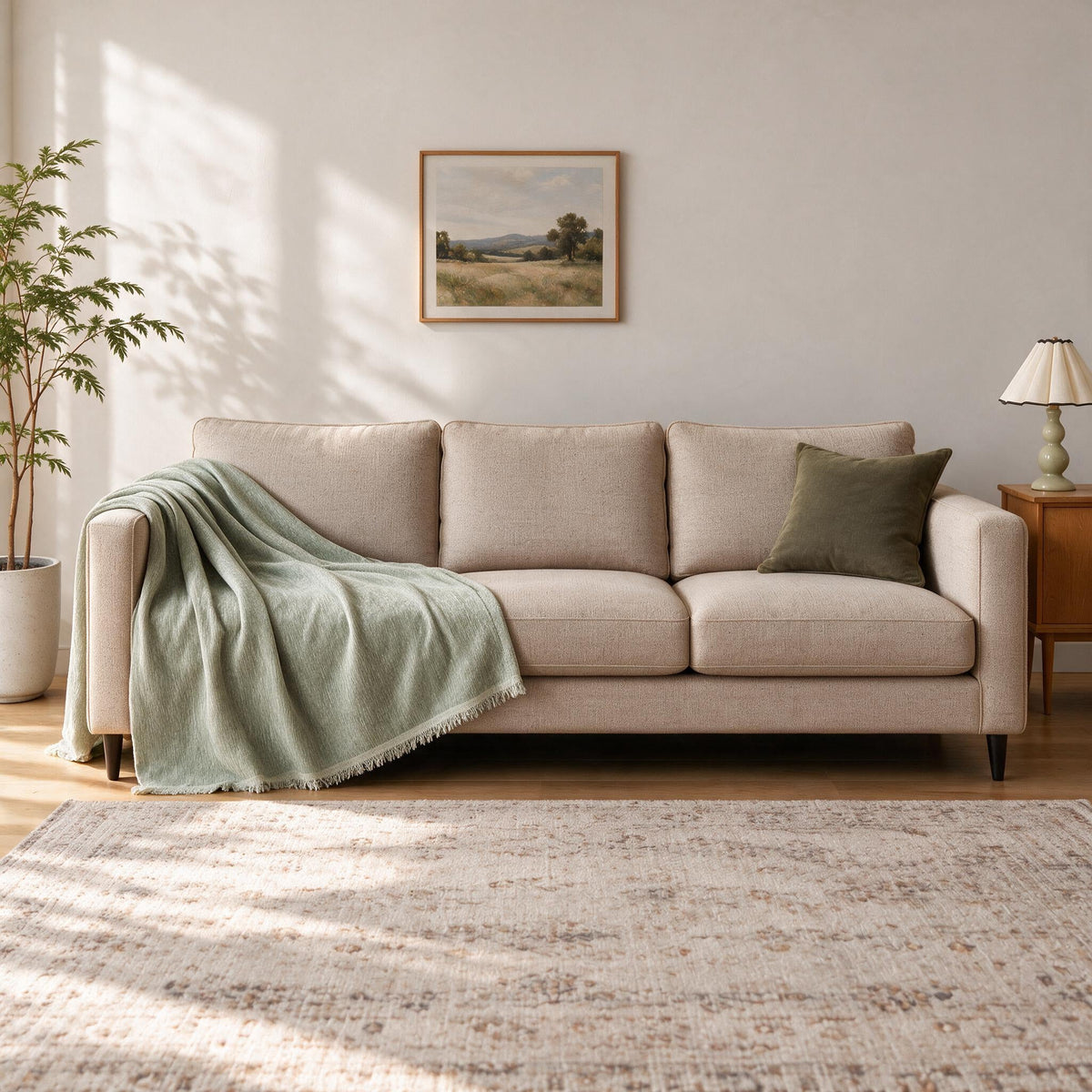Accent Throw: illustrative throw styling on the same three-seat sofa