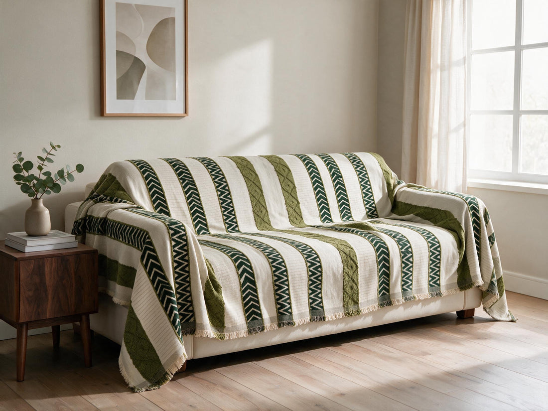 Klint Moss Green throw: draped across a sofa.