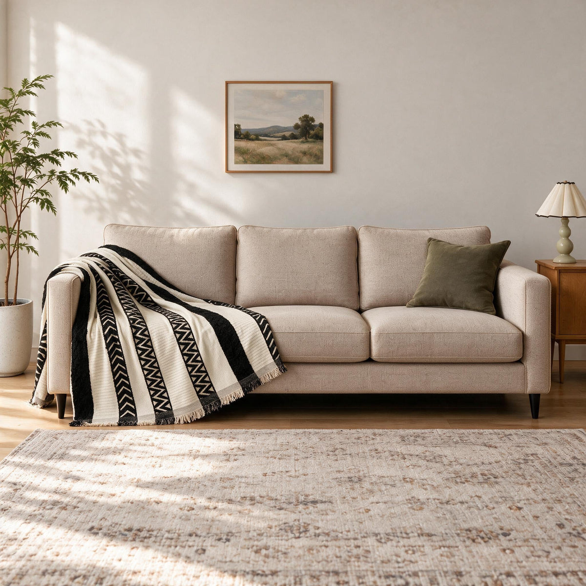 Accent Throw: illustrative throw styling on the same three-seat sofa