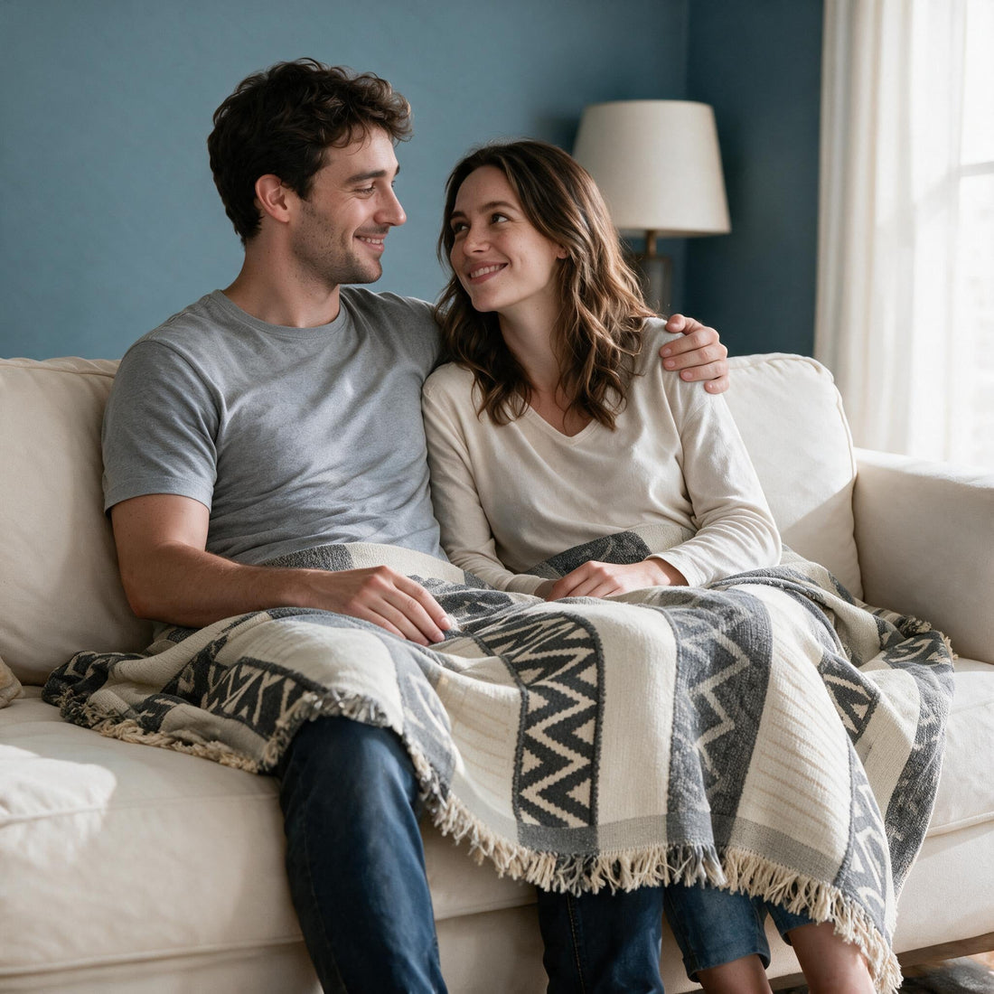 Klint Charcoal Grey throw: shared over a couple’s laps and legs.