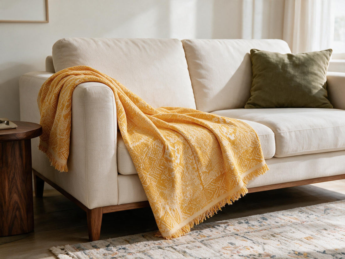 Melareve Golden Yellow throw: decorative sofa-arm drape.