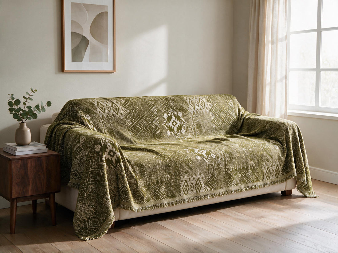Melareve Forest Green throw: draped across a sofa.