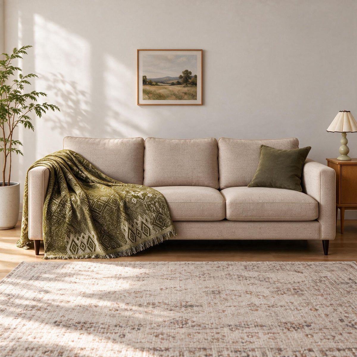 Accent Throw: illustrative throw styling on the same three-seat sofa