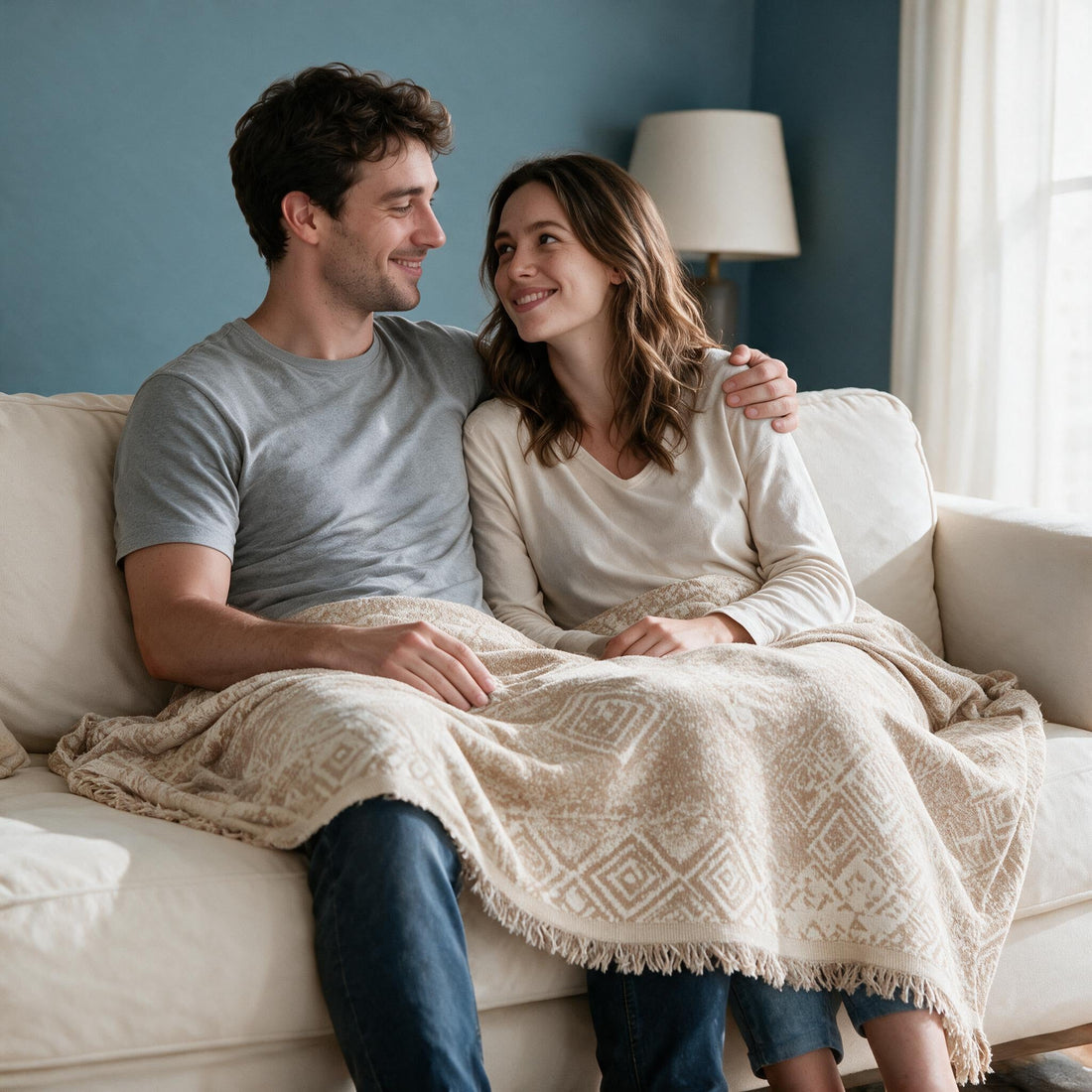 Melareve Light Beige throw: shared over a couple’s laps and legs.