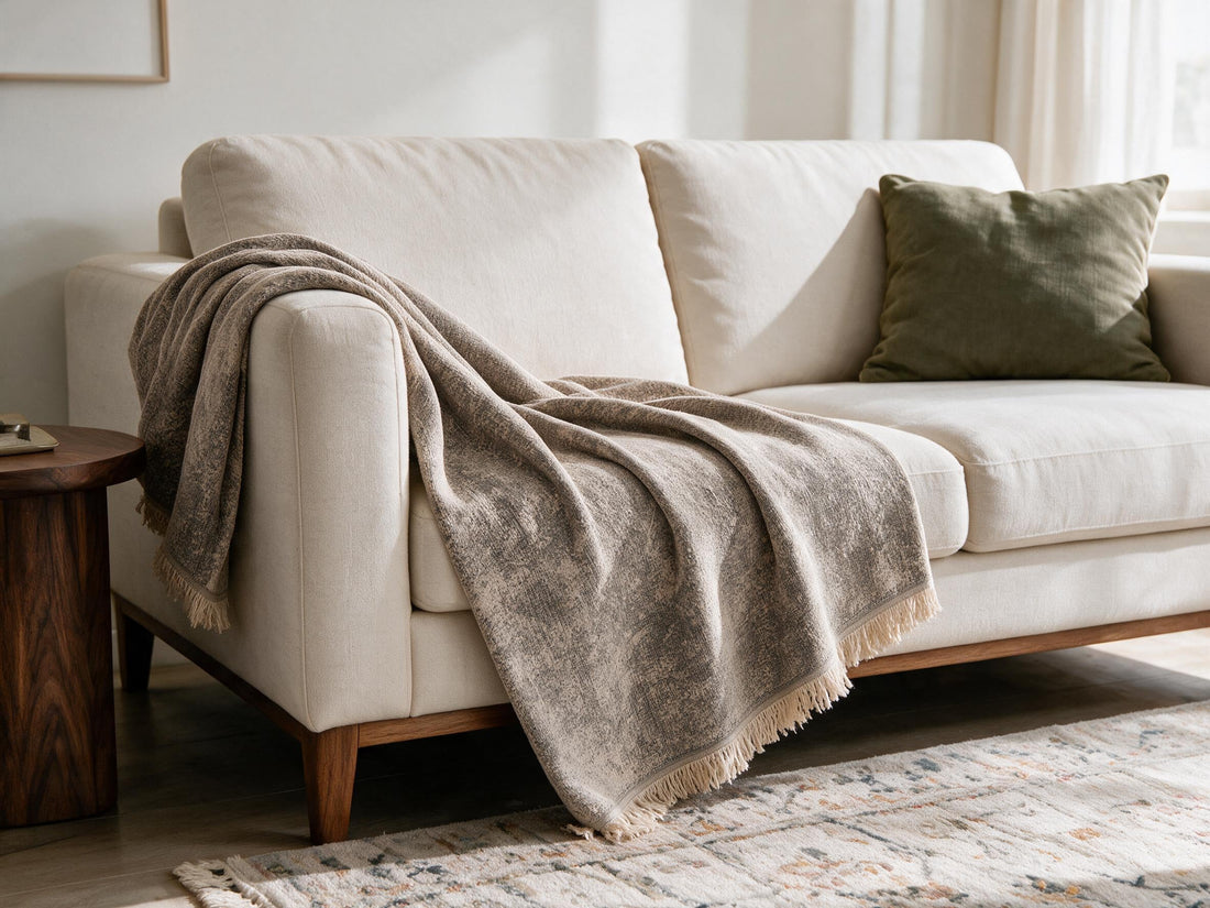 Mistara Milk Tea throw: decorative sofa-arm drape.
