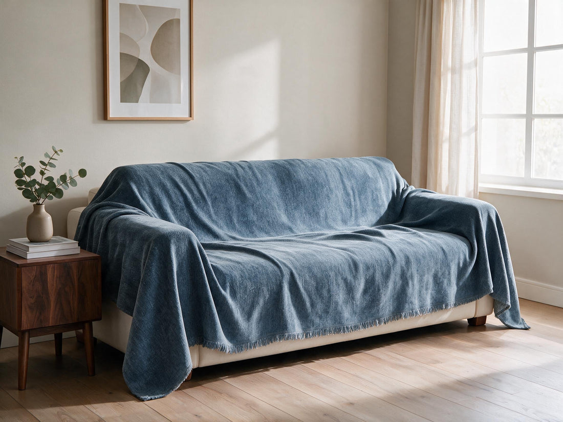 Mistara Blue throw: draped across a sofa.