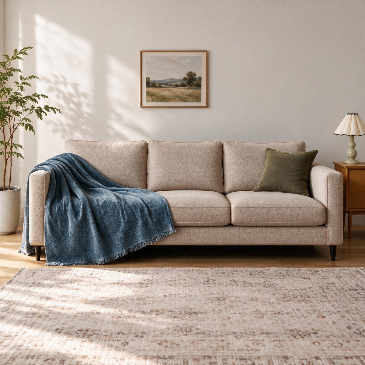Accent Throw: illustrative throw styling on the same three-seat sofa