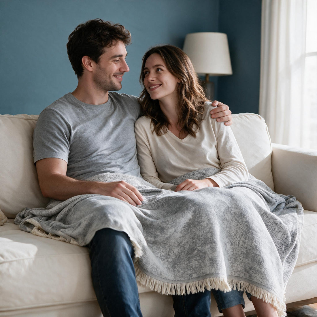 Mistara Cloud Grey throw: shared over a couple’s laps and legs.