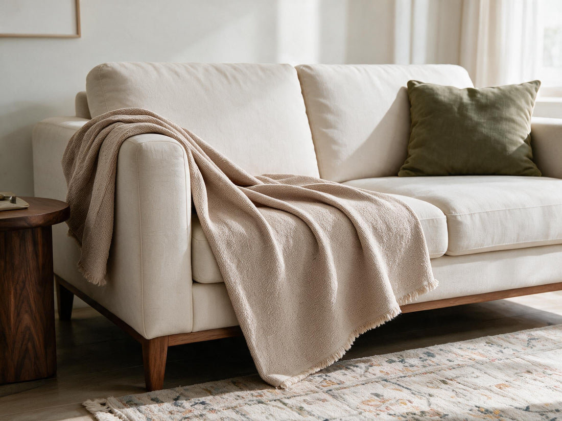 Mousoon Milk Tea throw: decorative sofa-arm drape.