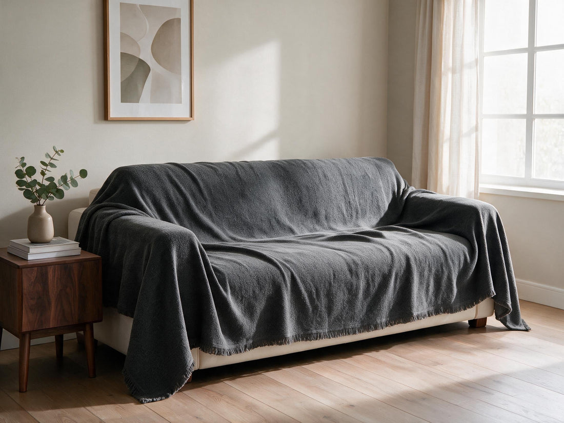 Mousoon Dark Grey throw: draped across a sofa.
