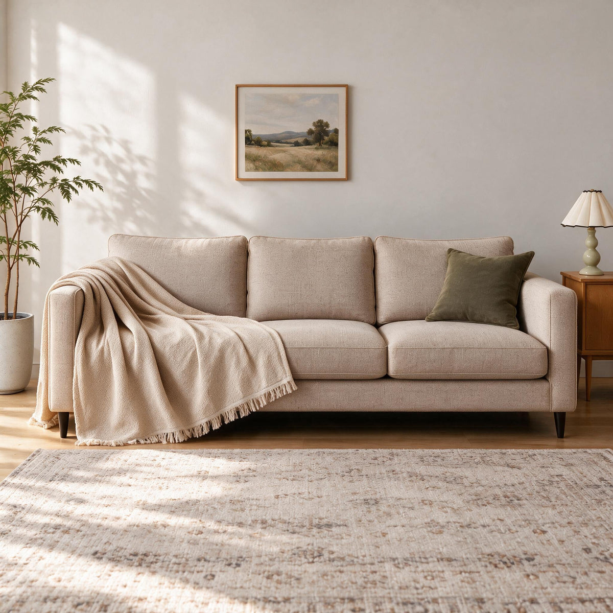 Accent Throw: illustrative throw styling on the same three-seat sofa