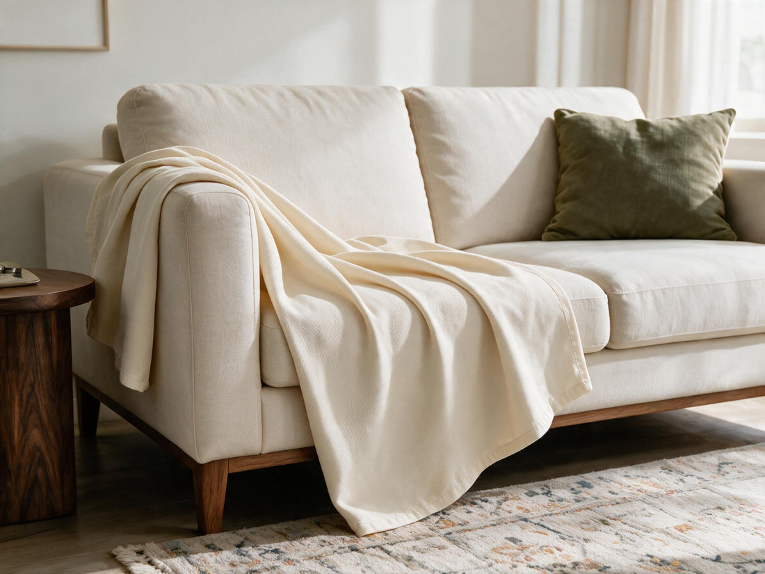Norka Eggshell throw: decorative sofa-arm drape.