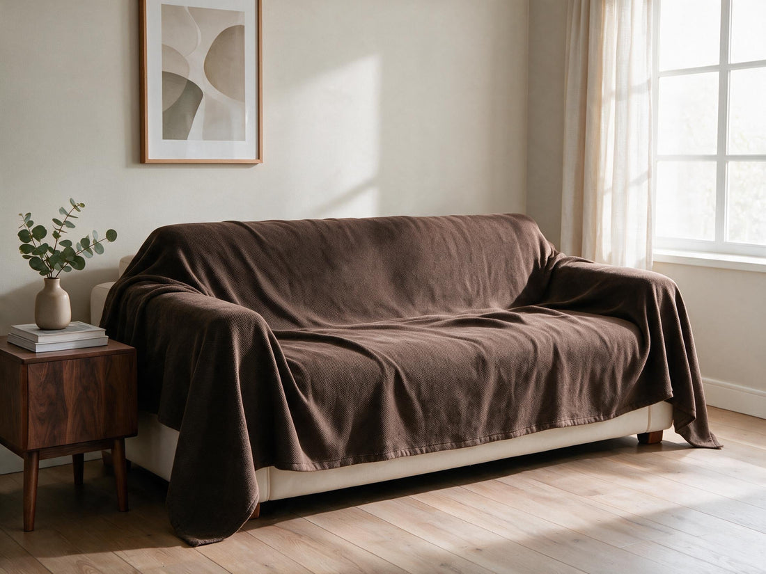 Norka Espresso Brown throw: draped across a sofa.