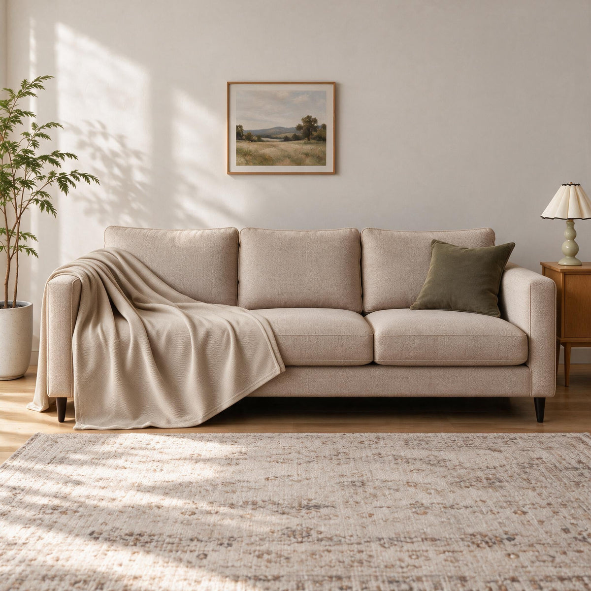 Accent Throw: illustrative throw styling on the same three-seat sofa