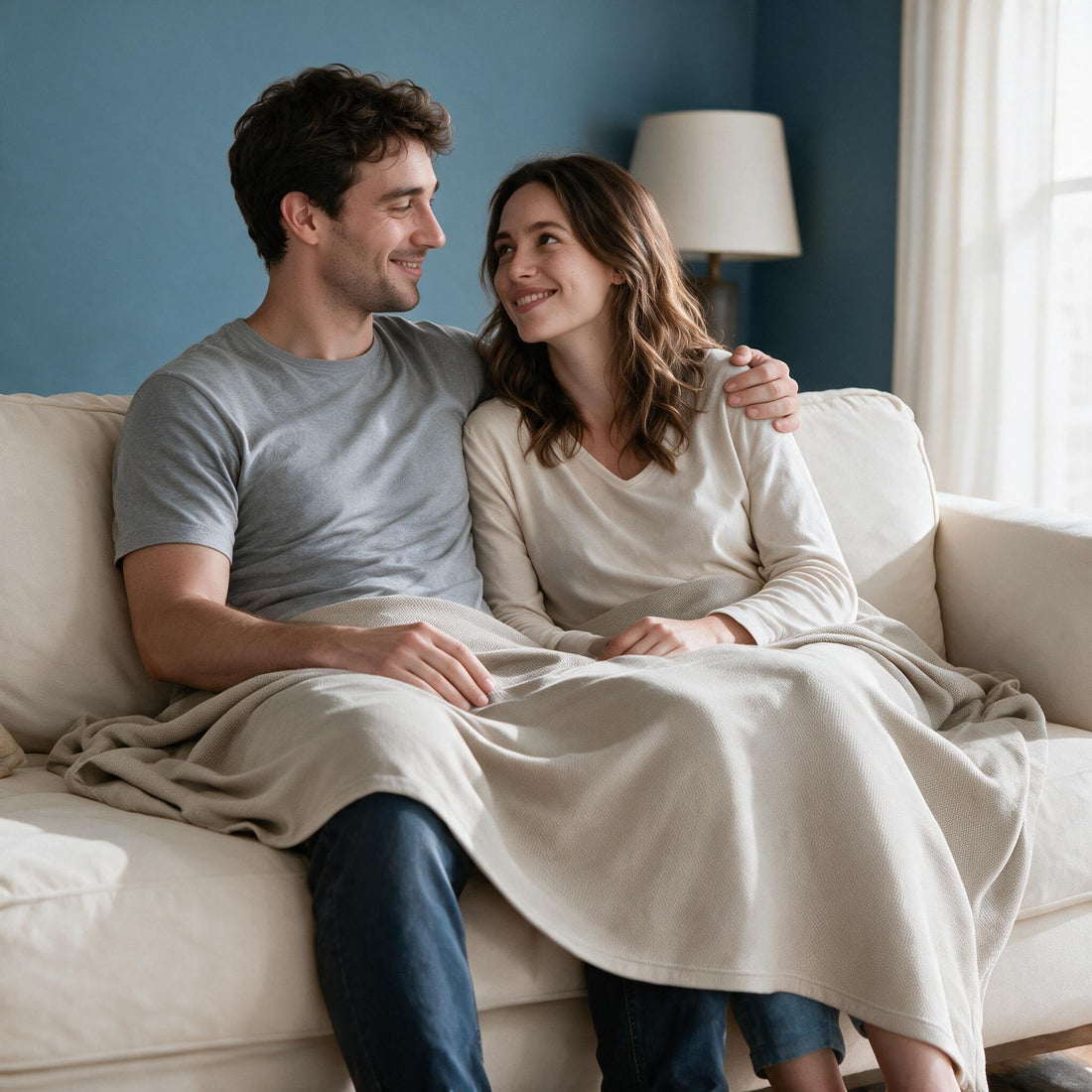 Norka Moon Beige throw: shared over a couple’s laps and legs.