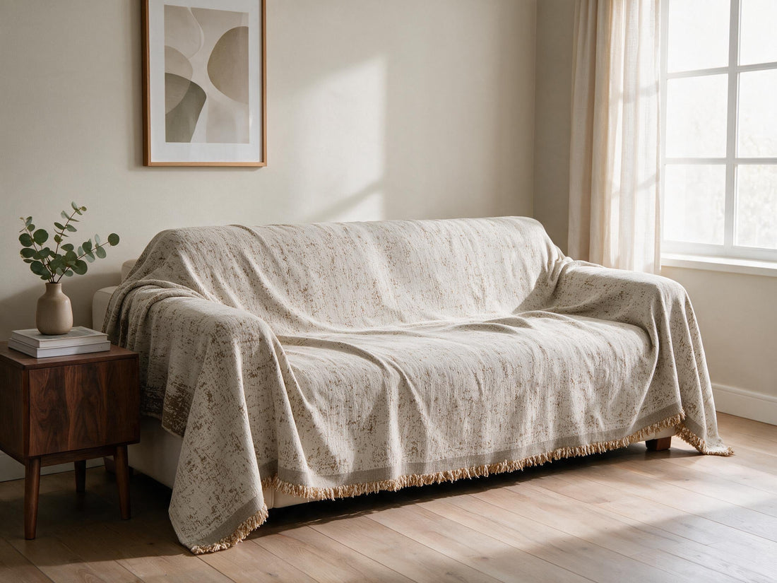 Oriona Coffee Brown throw: draped across a sofa.
