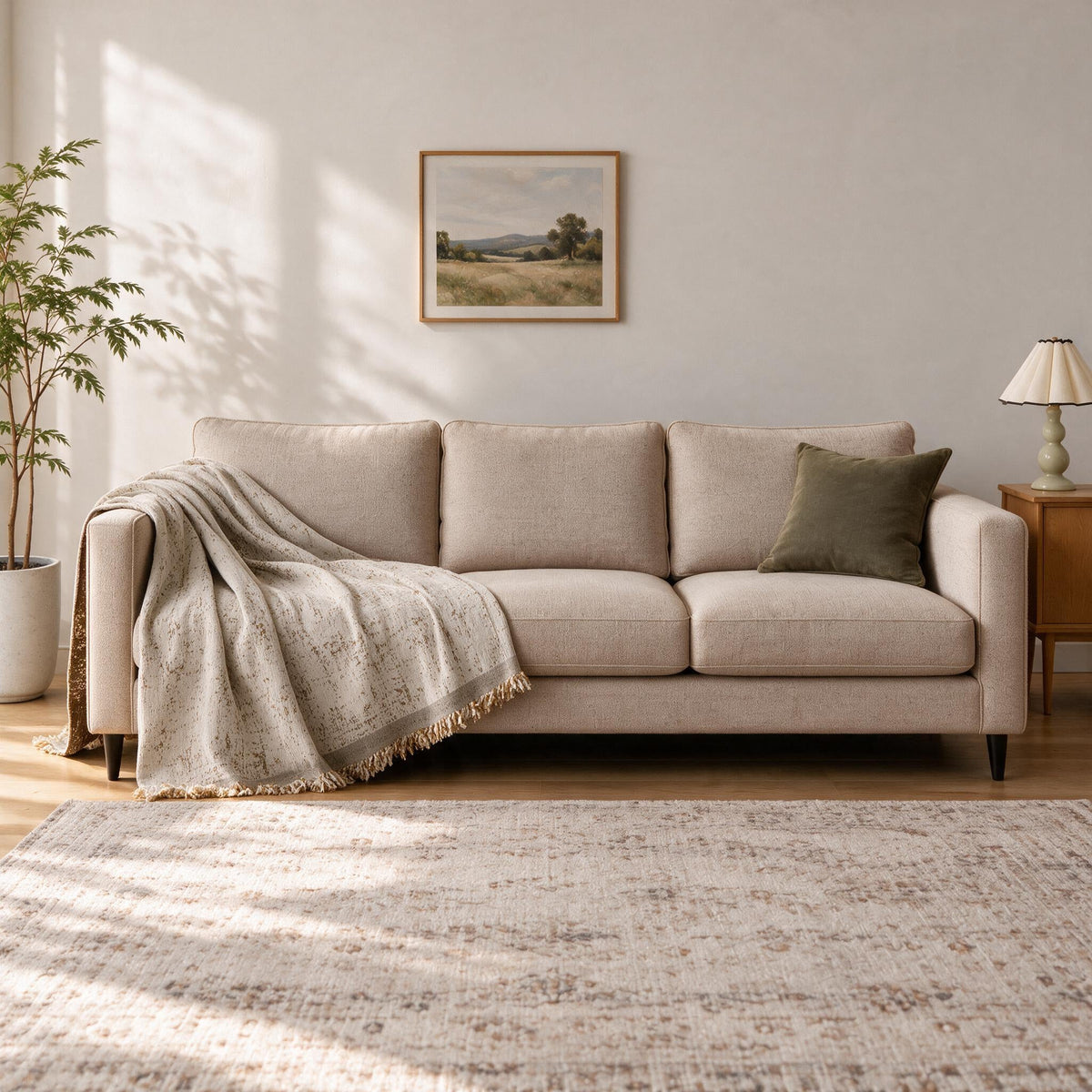 Accent Throw: illustrative throw styling on the same three-seat sofa