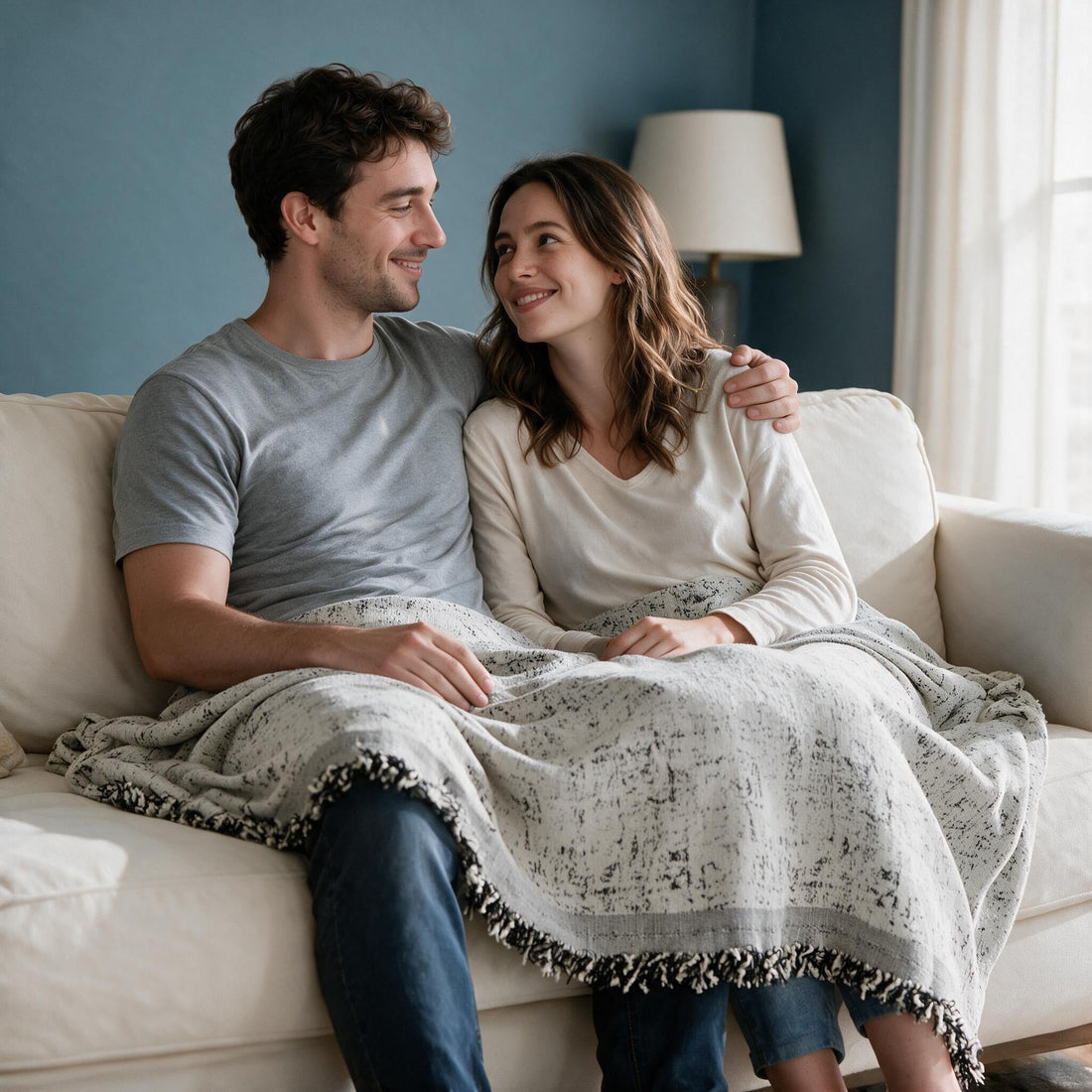 Oriona Jet Black throw: shared over a couple’s laps and legs.