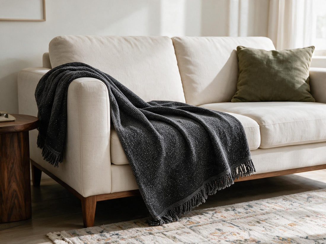 Pixlane Dark Grey throw: decorative sofa-arm drape.