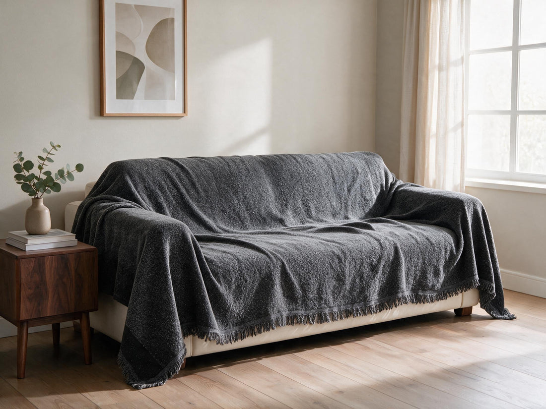Pixlane Dark Grey throw: draped across a sofa.