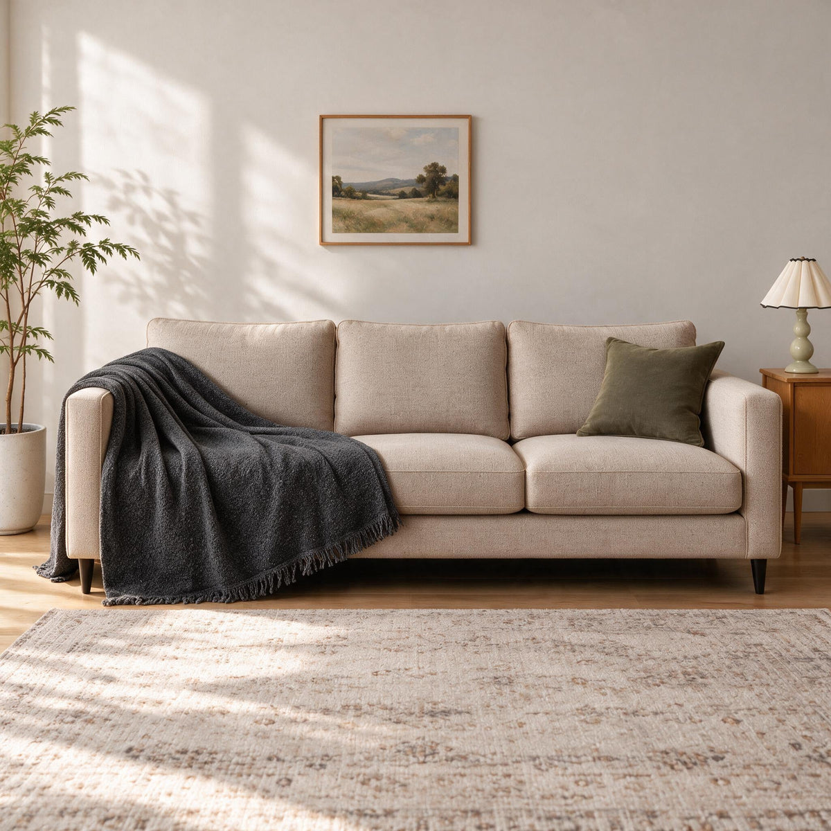 Accent Throw: illustrative throw styling on the same three-seat sofa