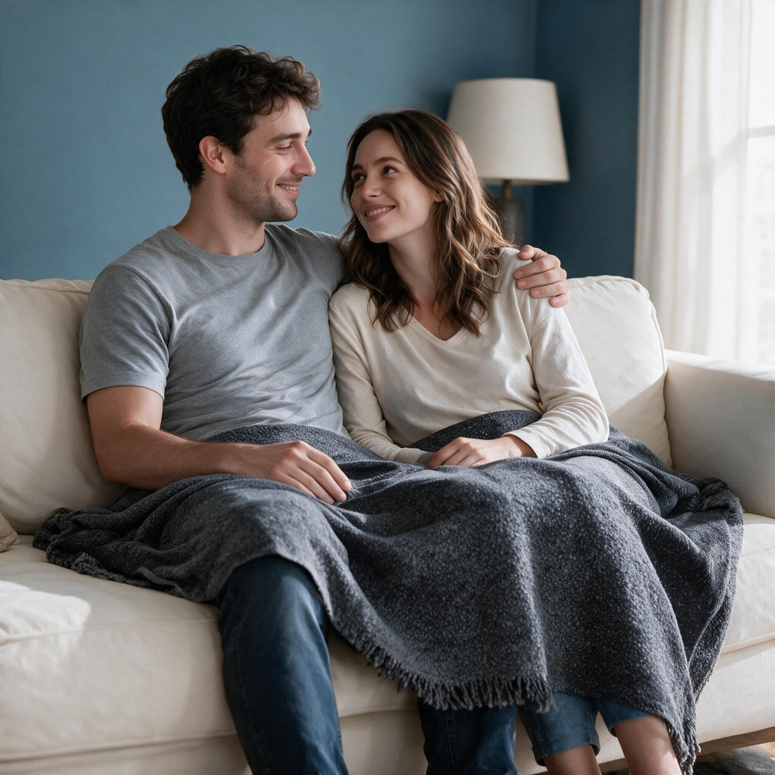 Pixlane Dark Grey throw: shared over a couple’s laps and legs.