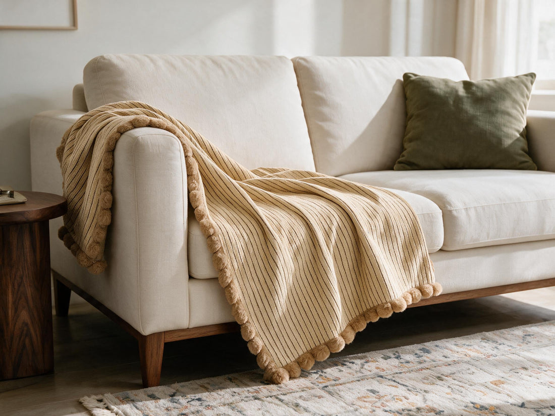 Pomelle Khaki throw: decorative sofa-arm drape.