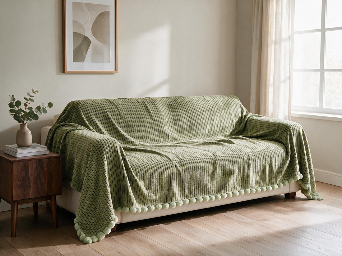 Pomelle Green throw: draped across a sofa.