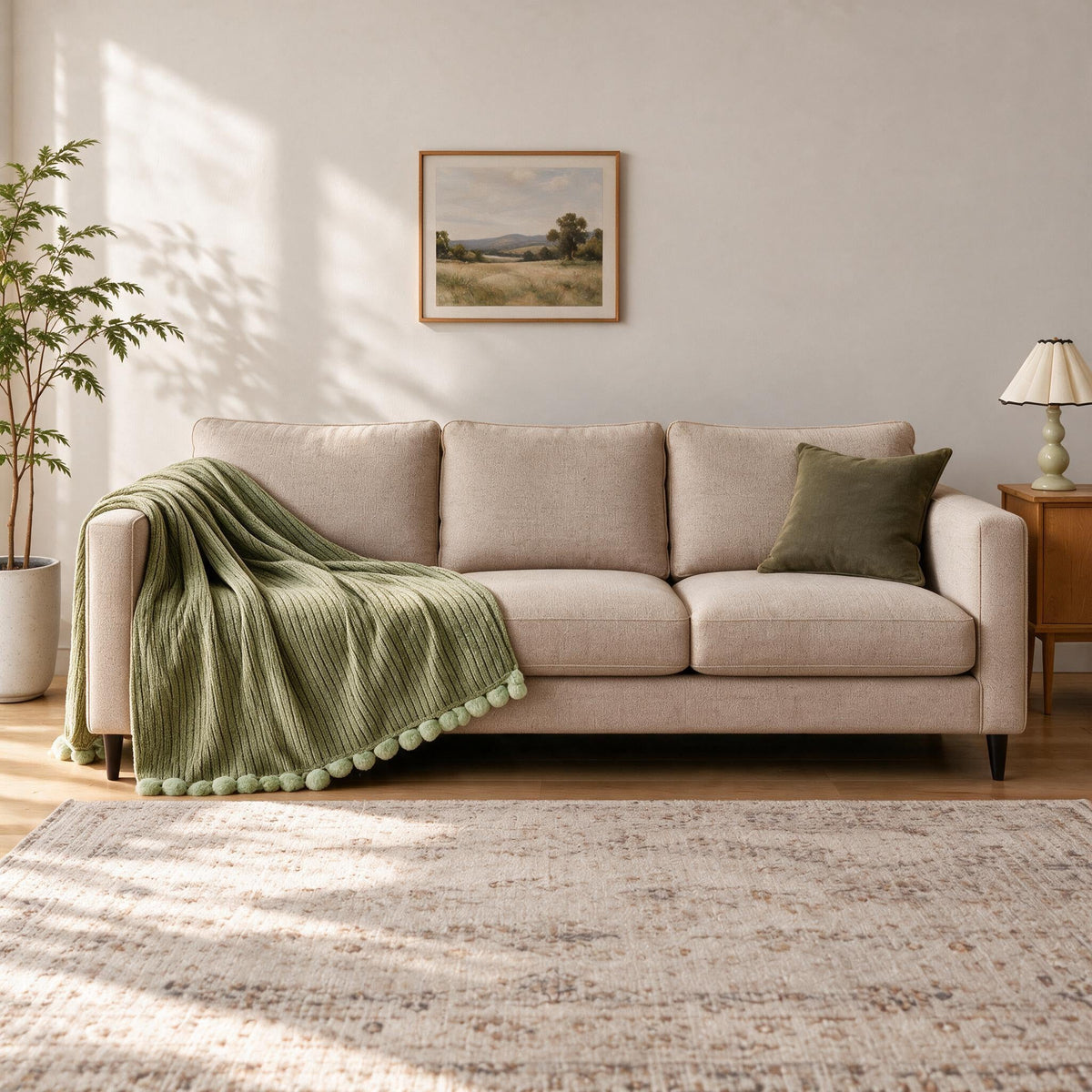 Accent Throw: illustrative throw styling on the same three-seat sofa