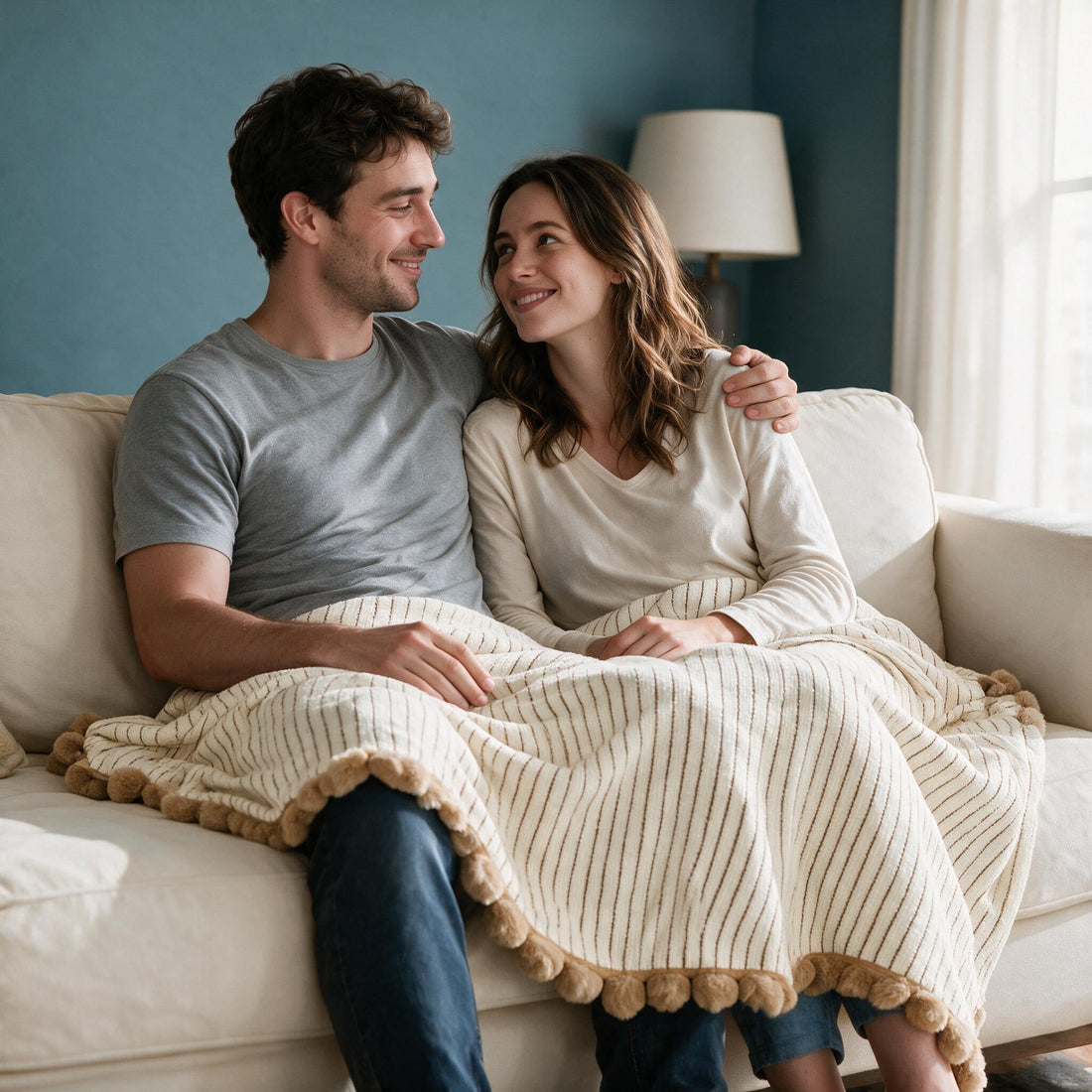 Pomelle Beige throw: shared over a couple’s laps and legs.
