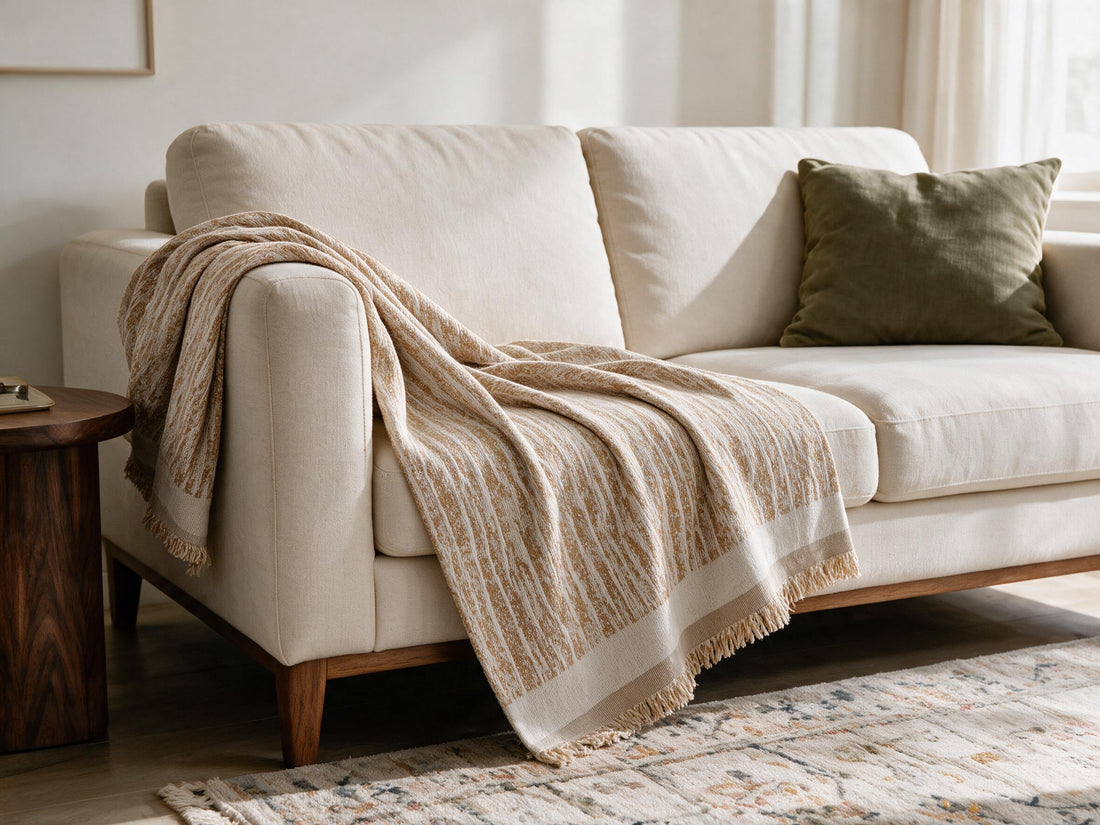 Serena Brown throw: decorative sofa-arm drape.