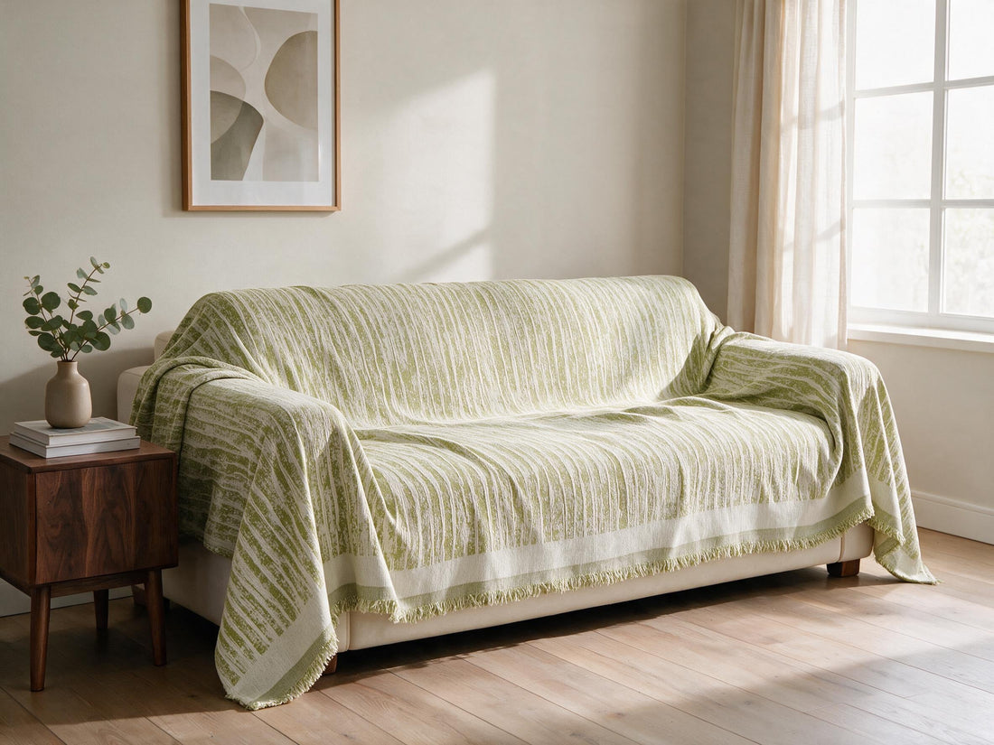 Serena Green throw: draped across a sofa.