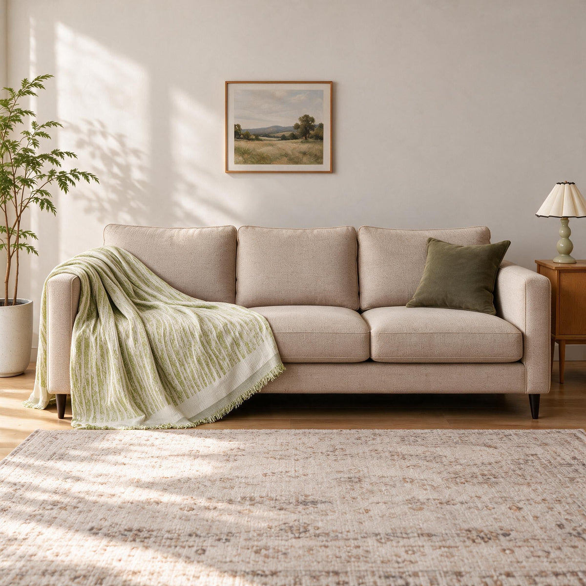 Accent Throw: illustrative throw styling on the same three-seat sofa