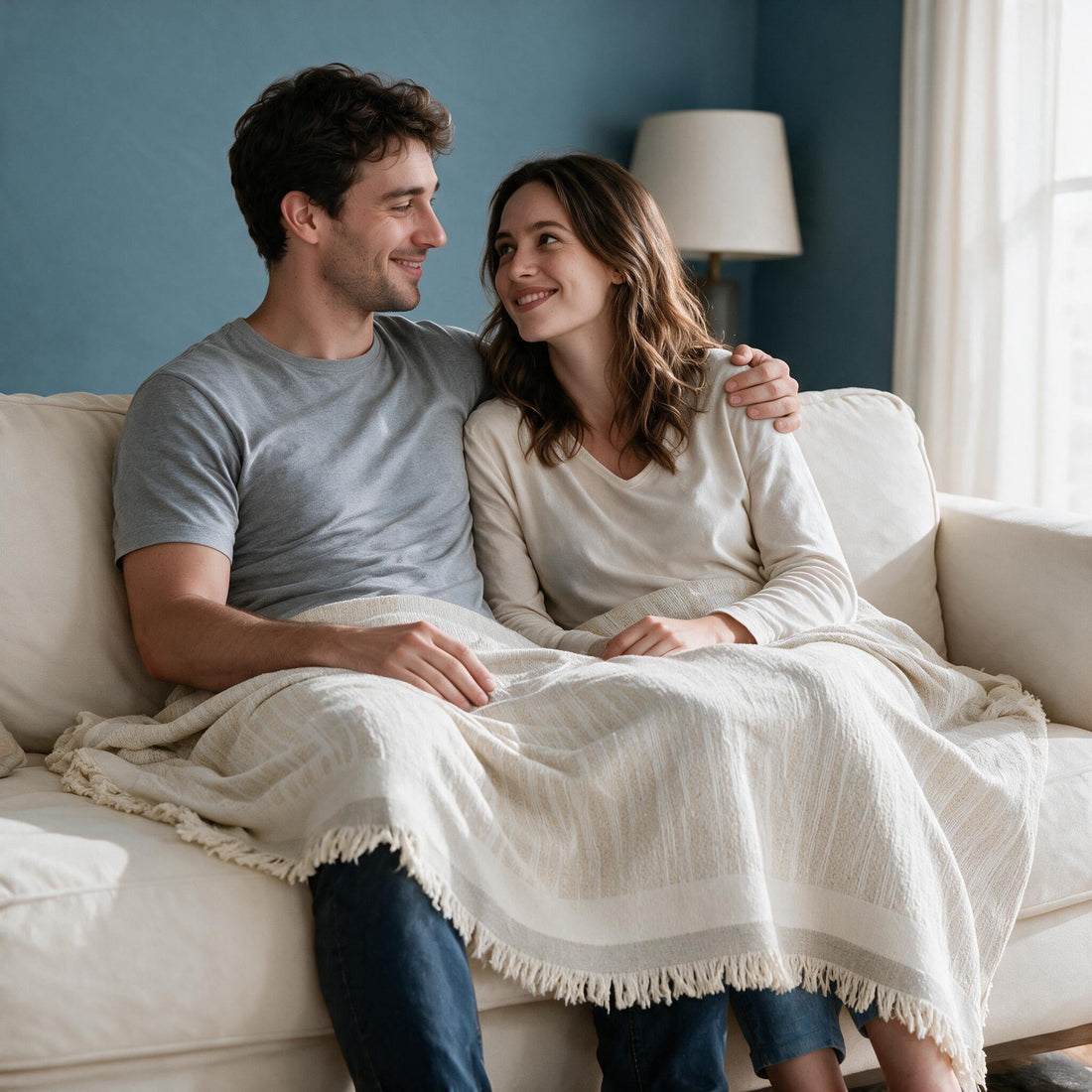 Serena Beige throw: shared over a couple’s laps and legs.