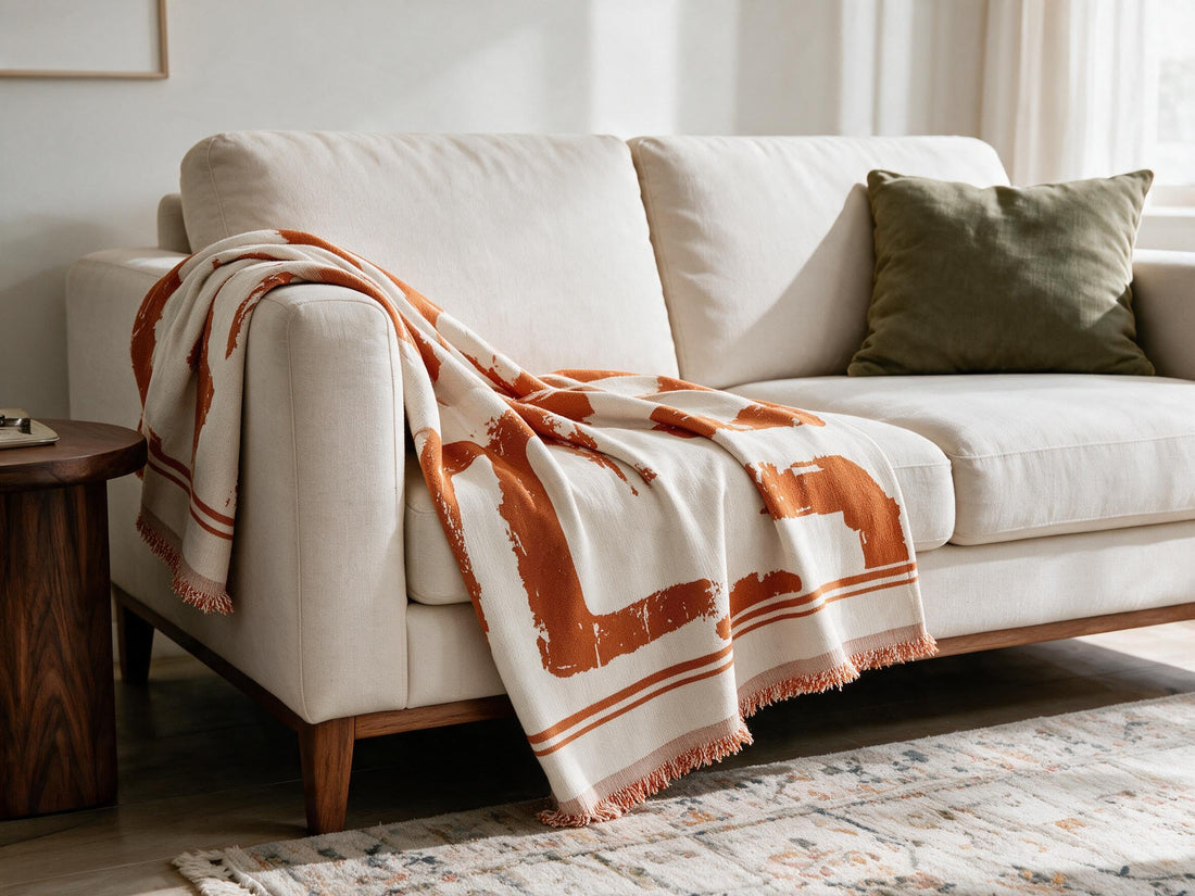 Skymoore Orange throw: decorative sofa-arm drape.