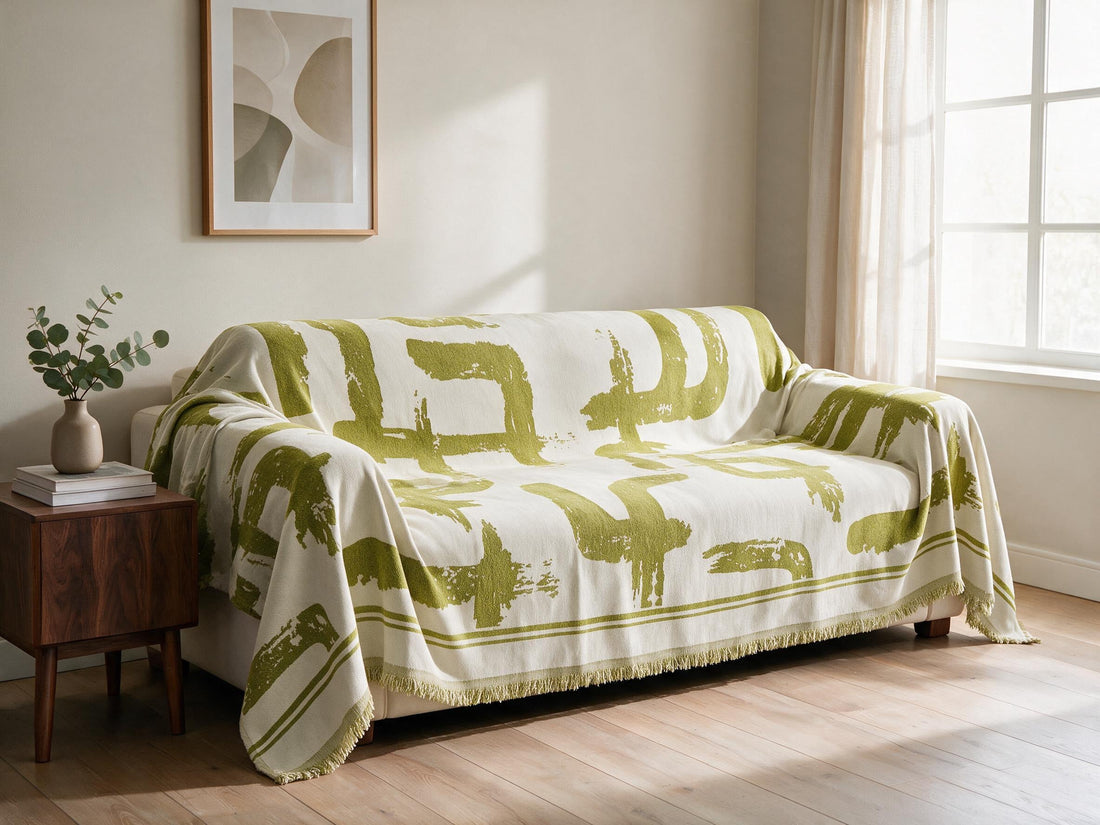 Skymoore Green throw: draped across a sofa.