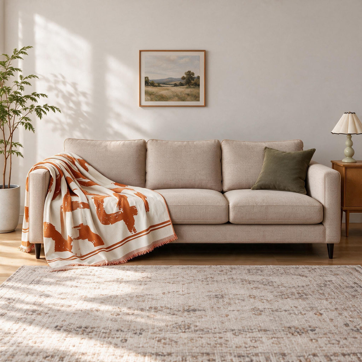 Accent Throw: illustrative throw styling on the same three-seat sofa