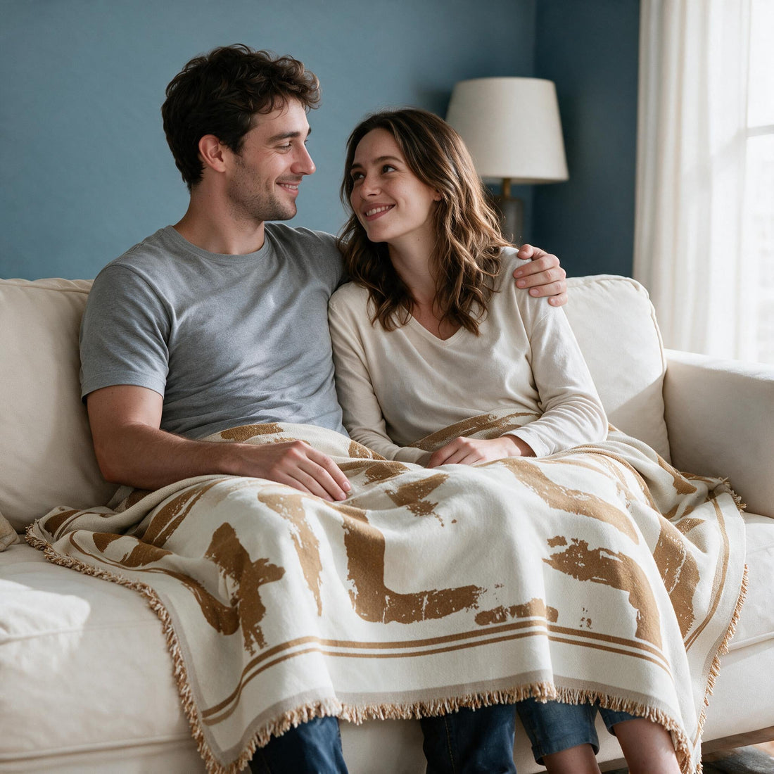 Skymoore Khaki throw: shared over a couple’s laps and legs.