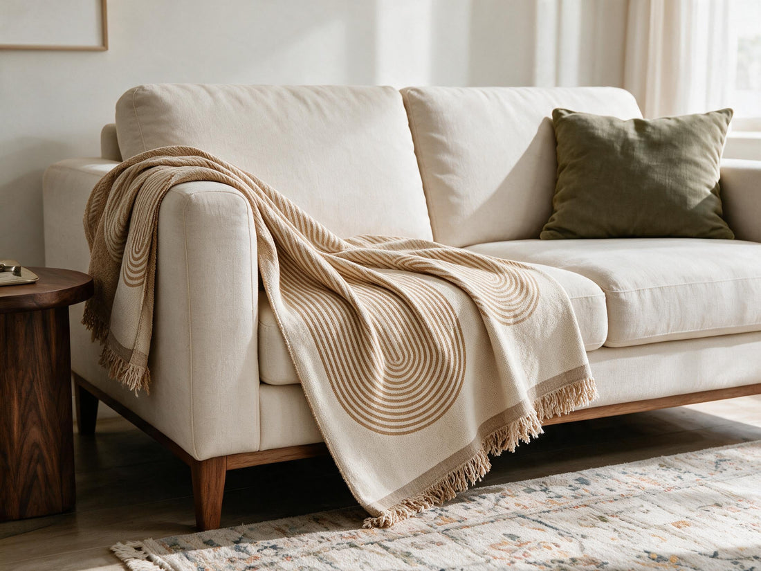 Soft Tassel Sandy Tan throw: decorative sofa-arm drape.