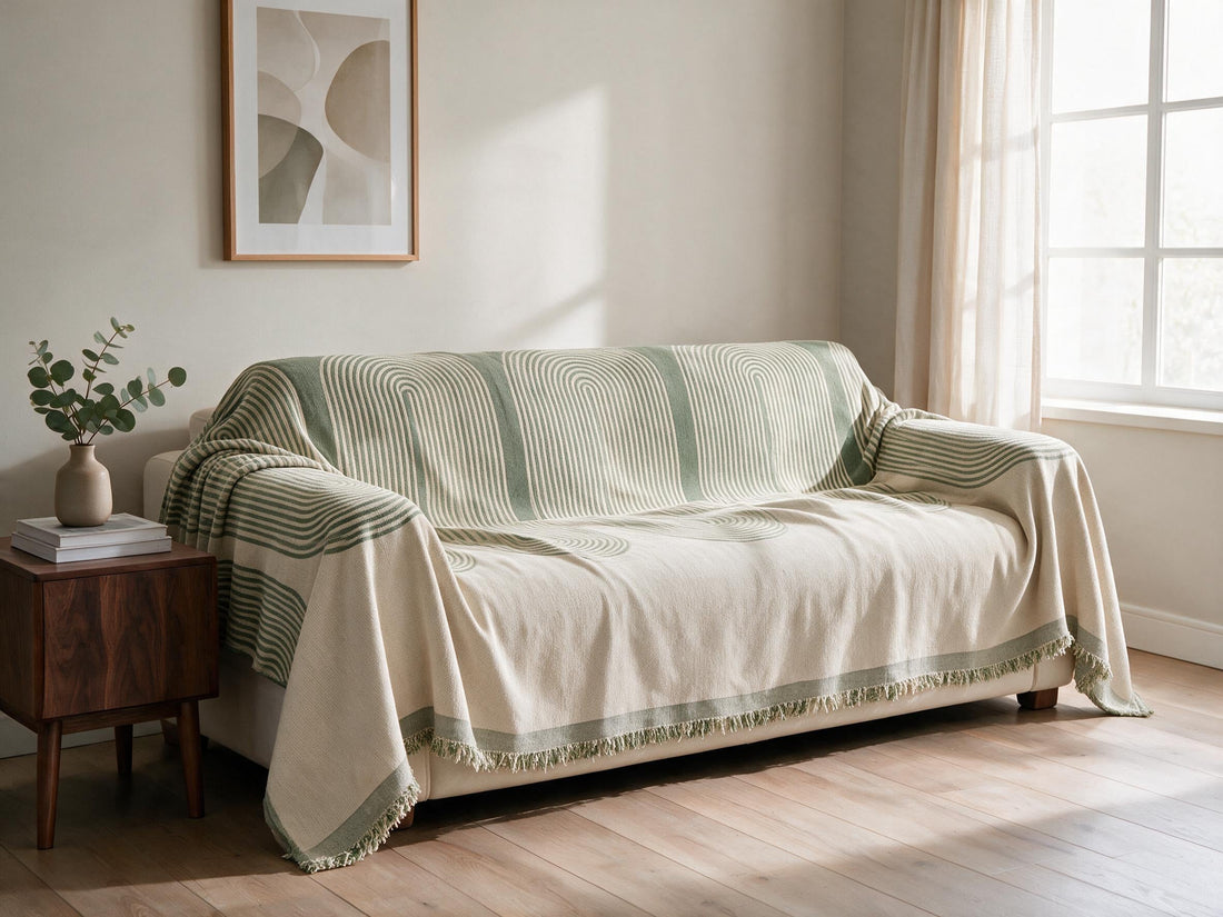 Soft Tassel Pistachio Green throw: draped across a sofa.
