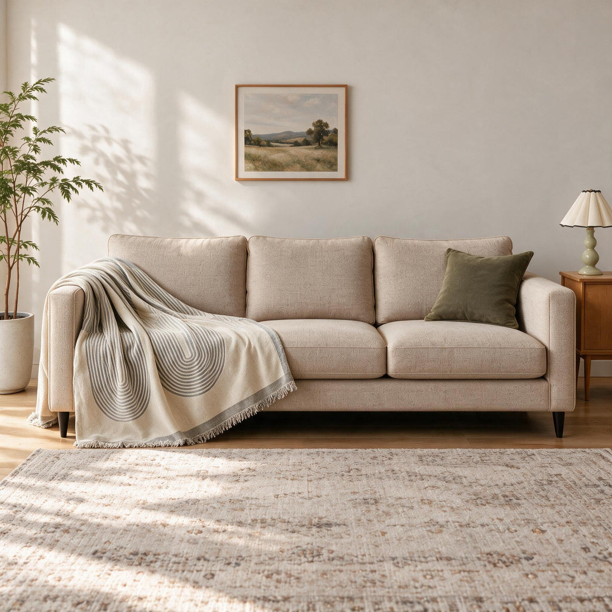 Accent Throw: illustrative throw styling on the same three-seat sofa