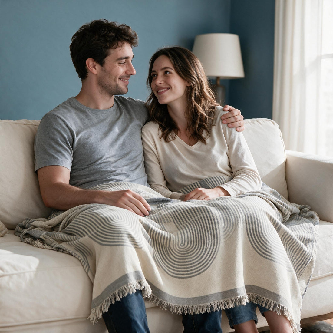 Soft Tassel Dusty Grey throw: shared over a couple’s laps and legs.
