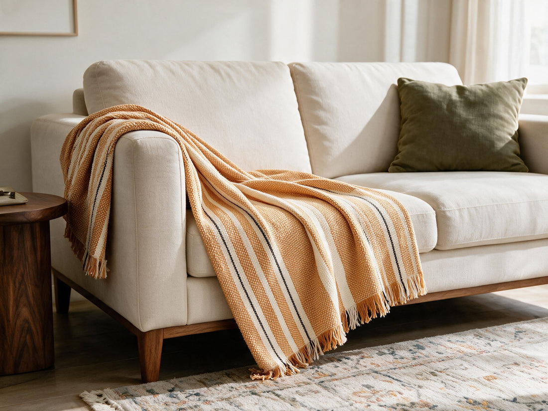 Striniara Orange throw: decorative sofa-arm drape.