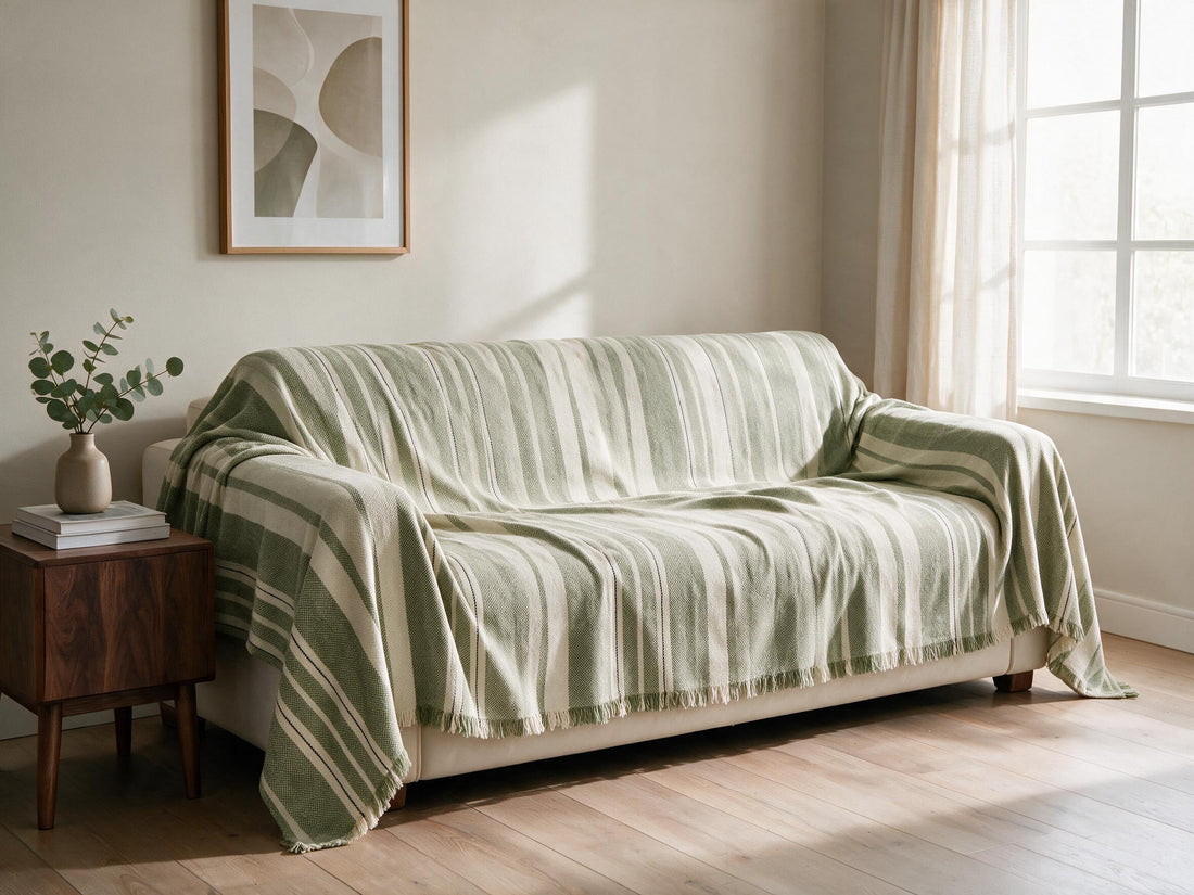 Striniara Green throw: draped across a sofa.