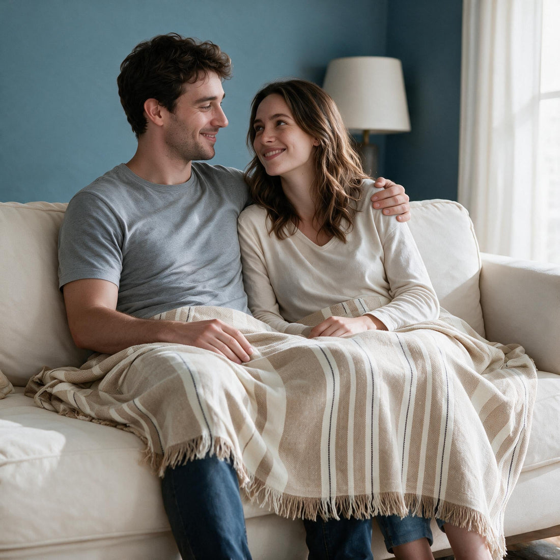 Striniara Khaki throw: shared over a couple’s laps and legs.