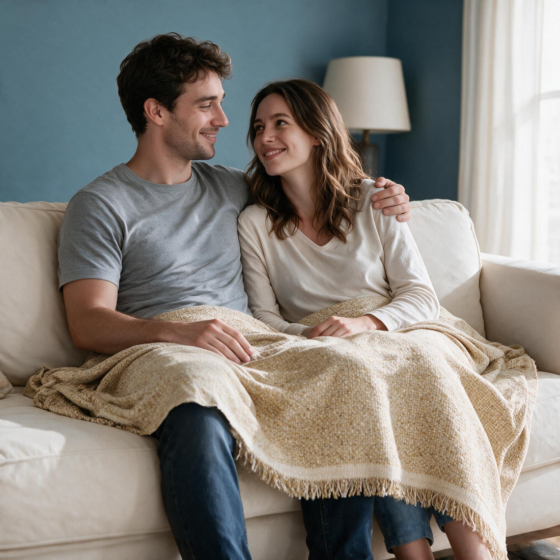 Tressa Khaki throw: shared over a couple’s laps and legs.