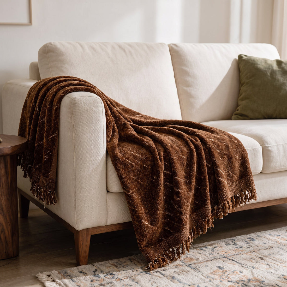 Velmora Cocoa Brown throw: decorative sofa-arm drape.