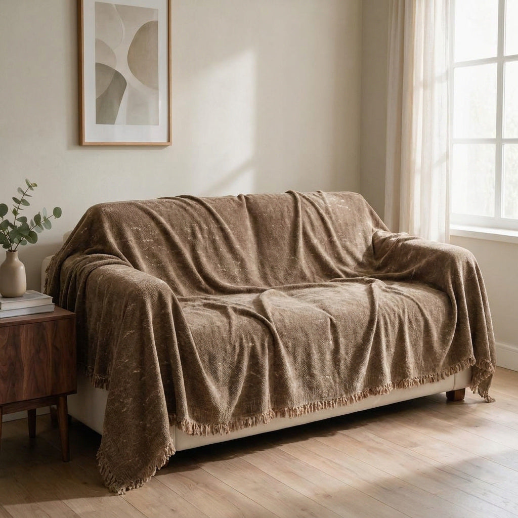 Velmora Milk Tea throw: draped across a sofa.