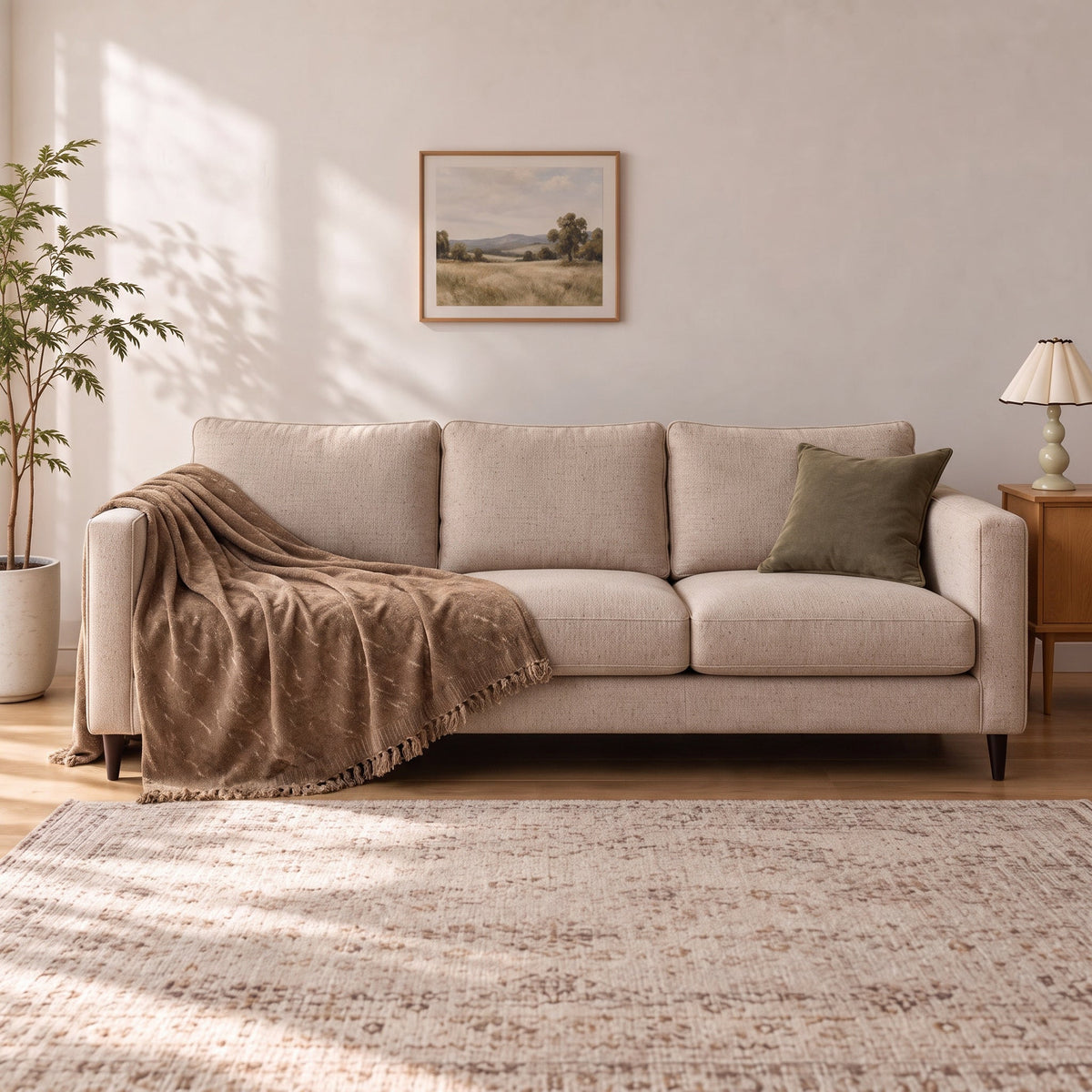 Accent Throw: illustrative throw styling on the same three-seat sofa