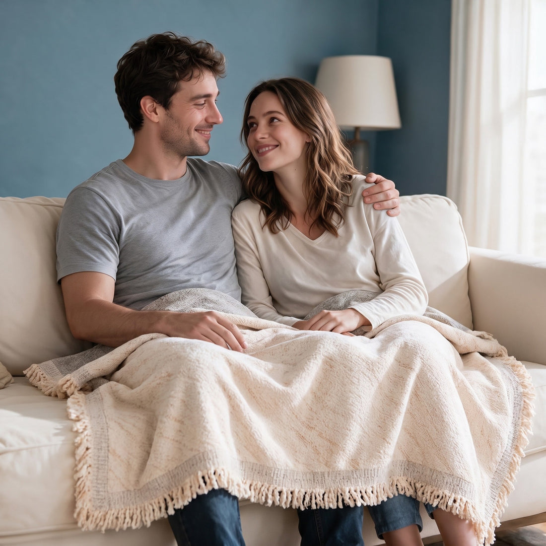 Velmora Cream White throw: shared over a couple’s laps and legs.